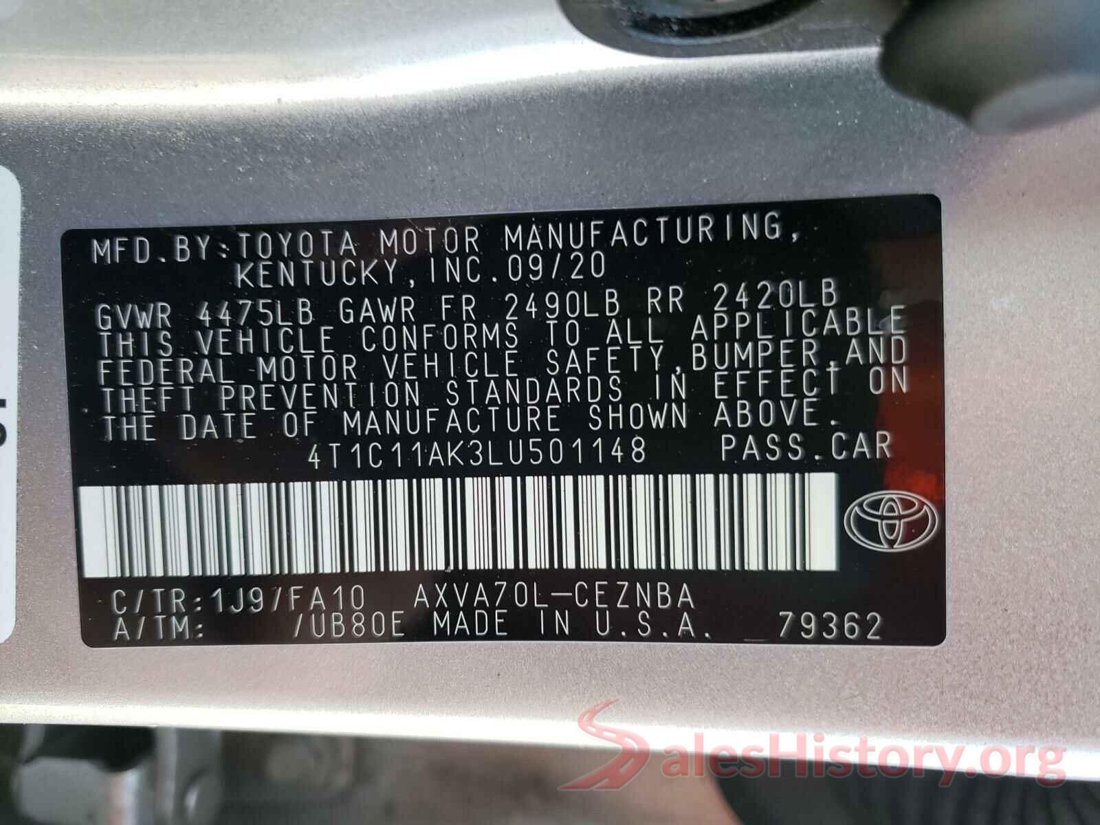 4T1C11AK3LU501148 2020 TOYOTA CAMRY