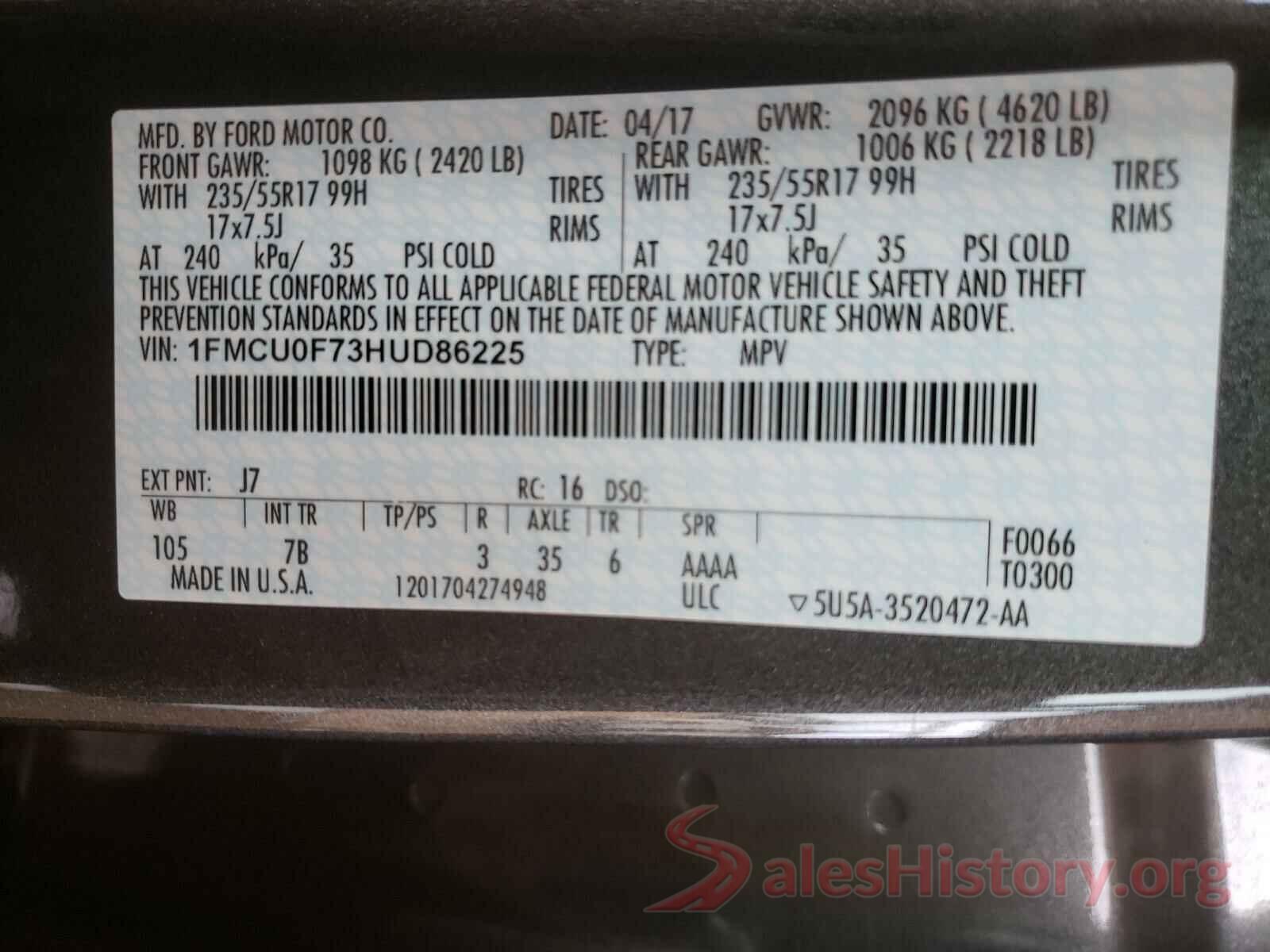 1FMCU0F73HUD86225 2017 FORD ESCAPE