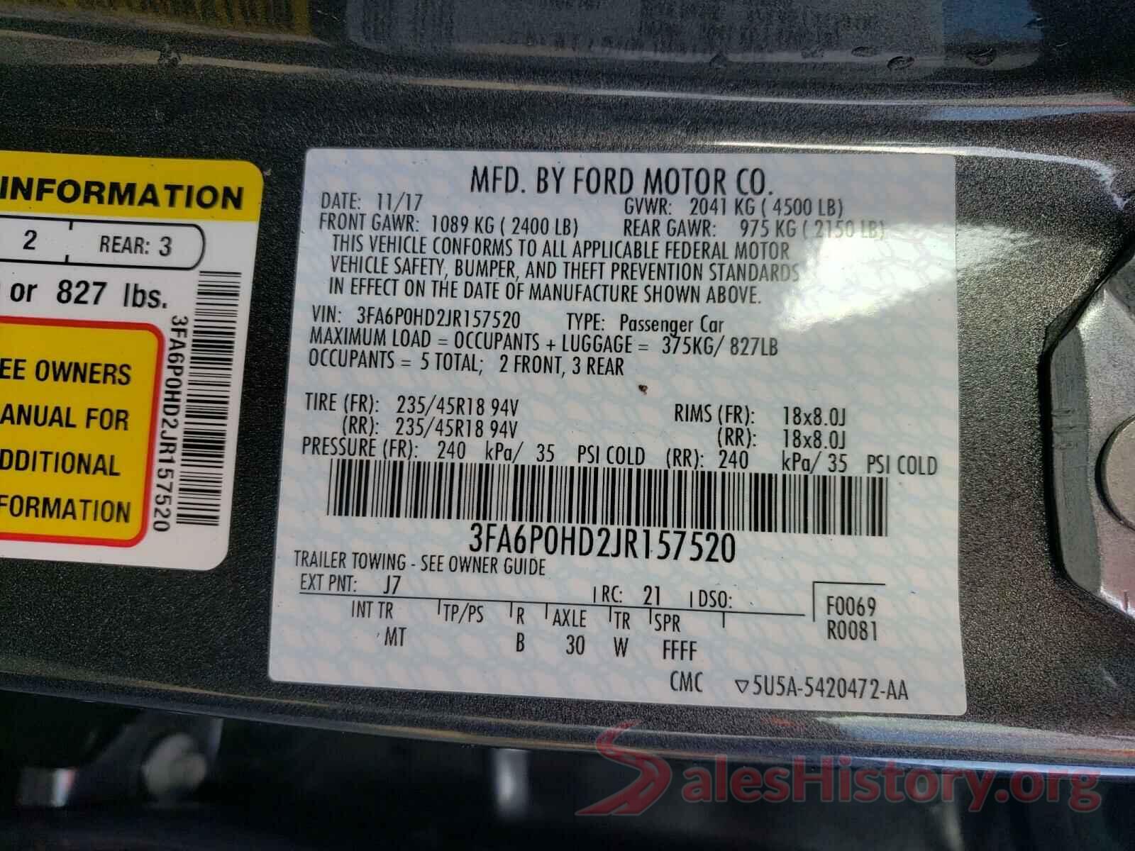 3FA6P0HD2JR157520 2018 FORD FUSION