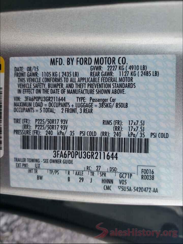 3FA6P0PU3GR211644 2016 FORD FUSION