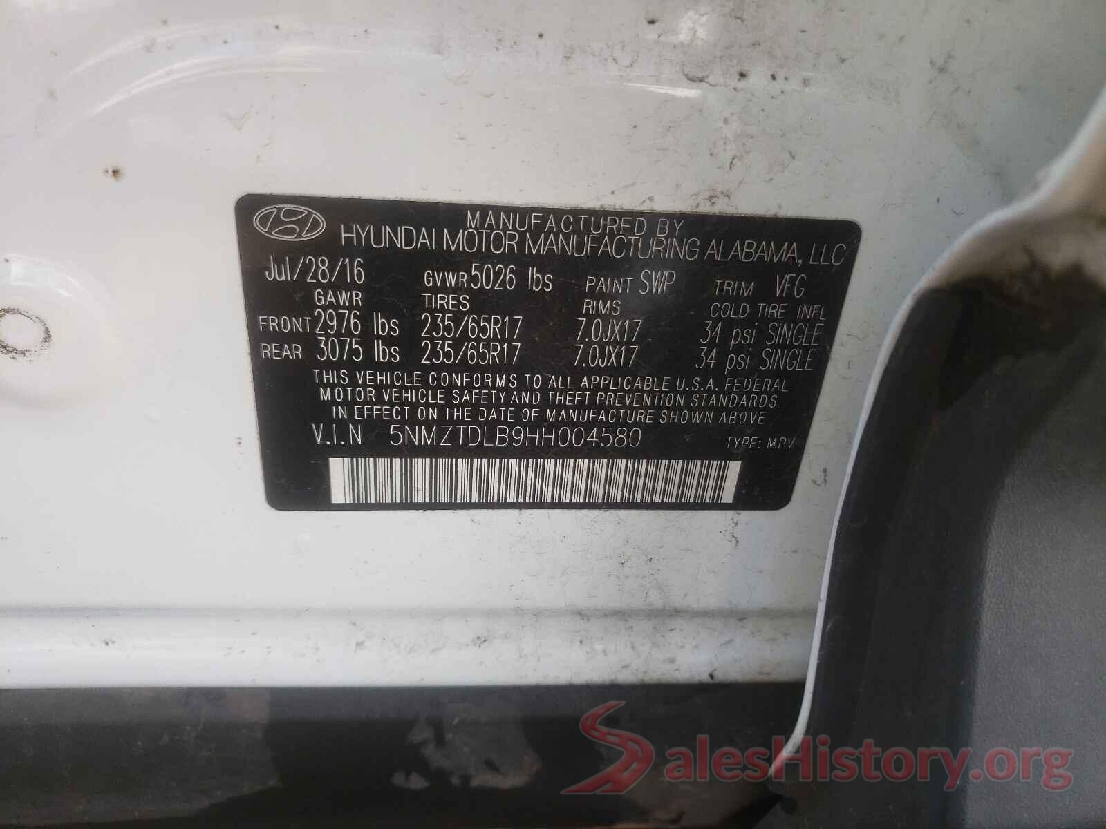 5NMZTDLB9HH004580 2017 HYUNDAI SANTA FE