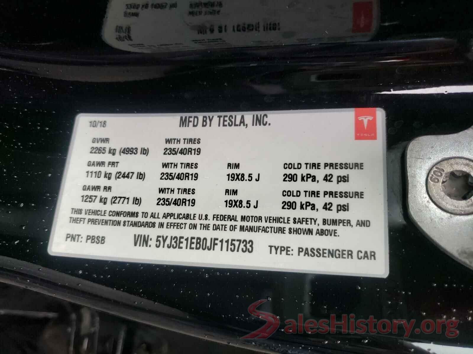 5YJ3E1EB0JF115733 2018 TESLA MODEL 3