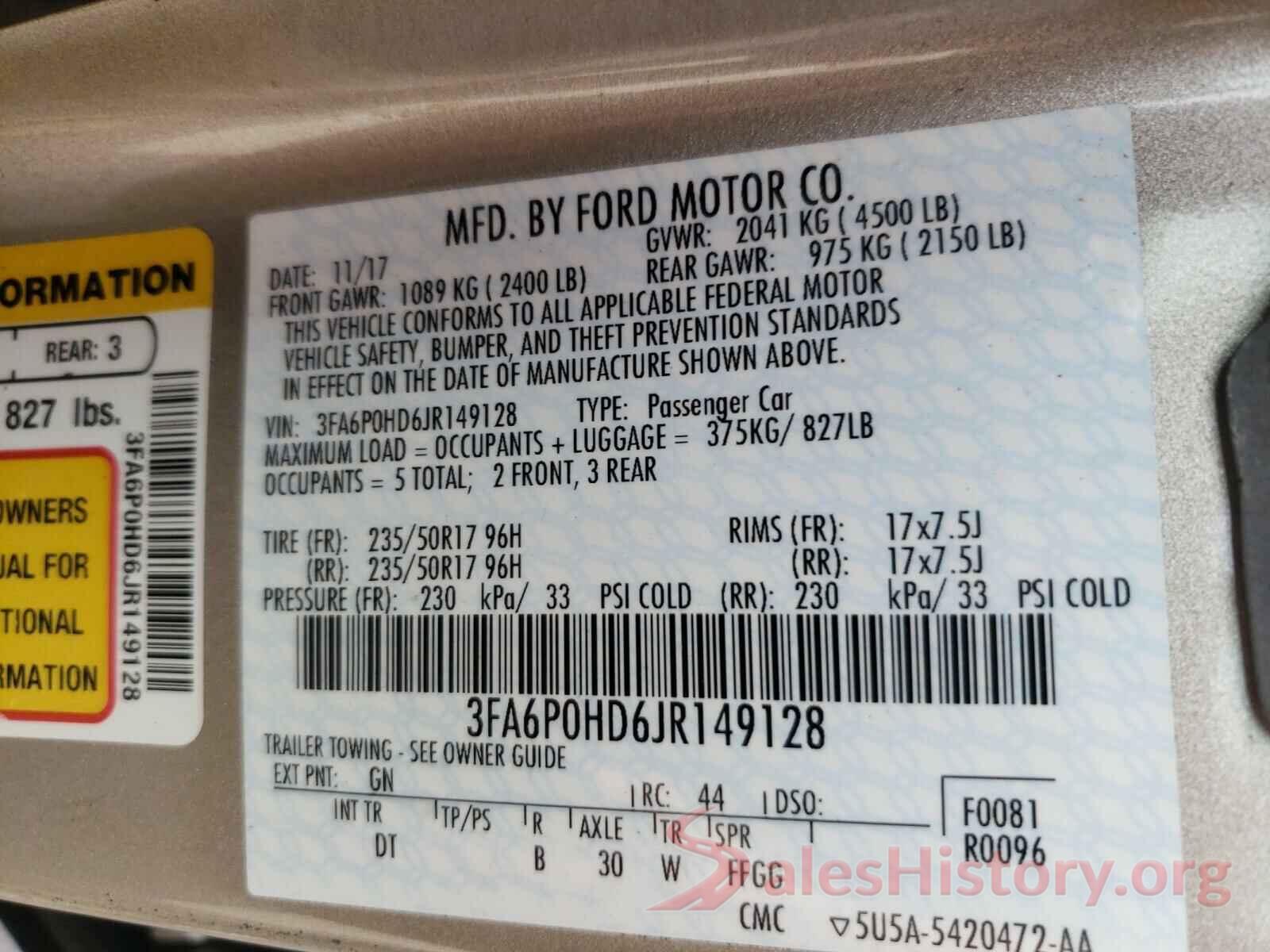 3FA6P0HD6JR149128 2018 FORD FUSION