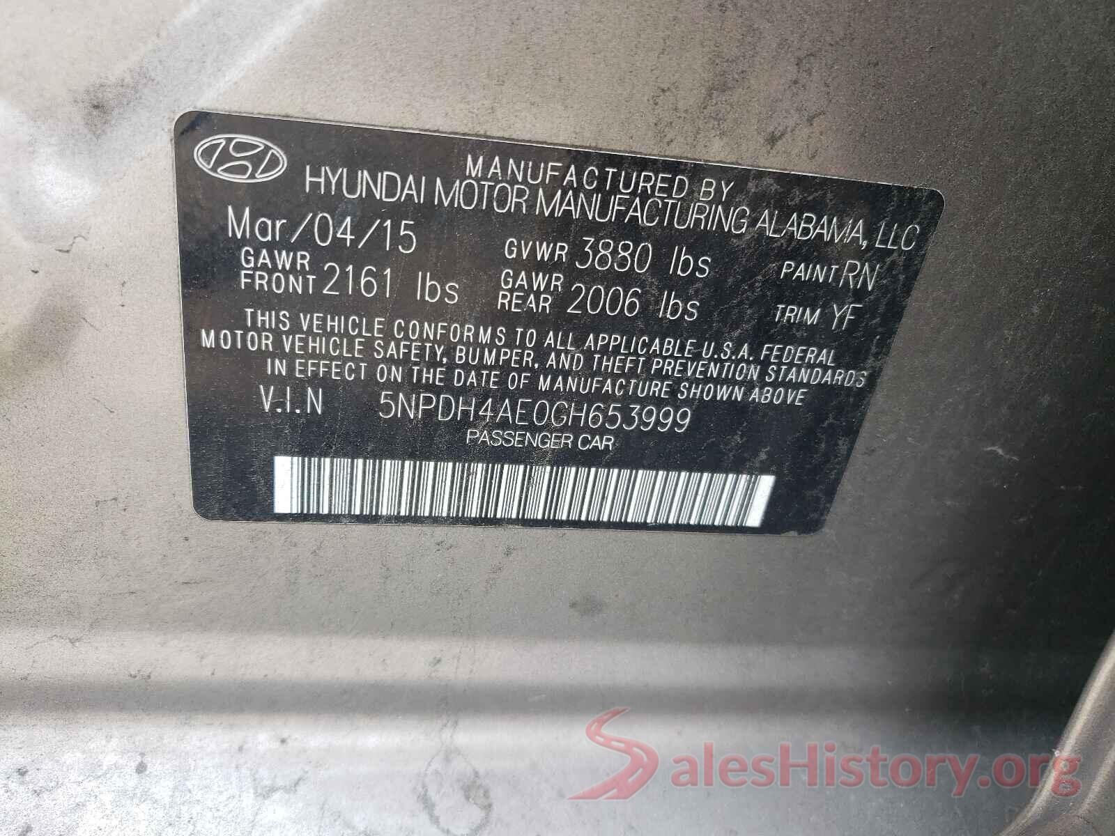 5NPDH4AE0GH653999 2016 HYUNDAI ELANTRA