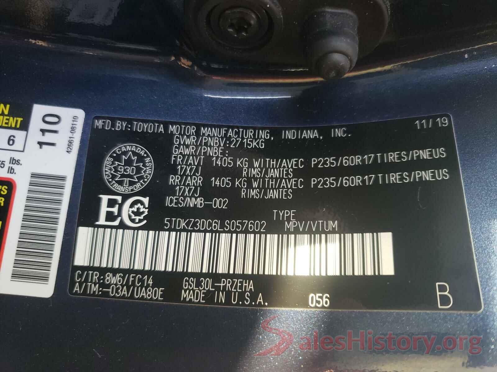 5TDKZ3DC6LS057602 2020 TOYOTA SIENNA