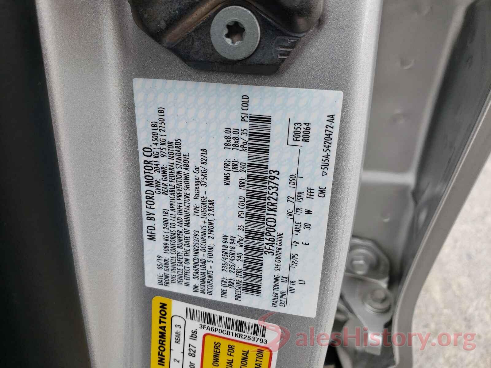 3FA6P0CD1KR253793 2019 FORD FUSION