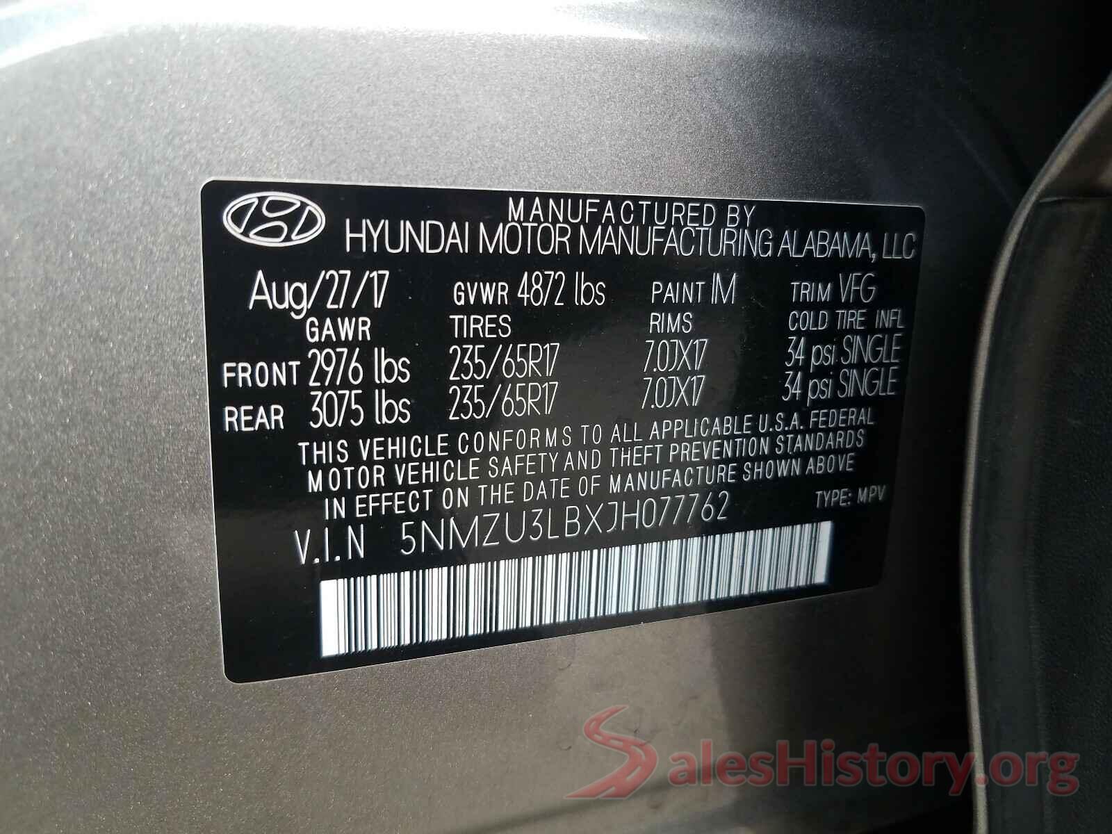 5NMZU3LBXJH077762 2018 HYUNDAI SANTA FE