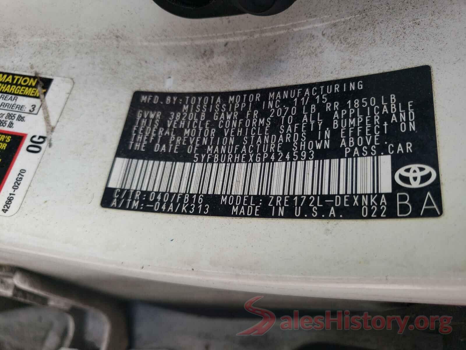 5YFBURHEXGP424593 2016 TOYOTA COROLLA