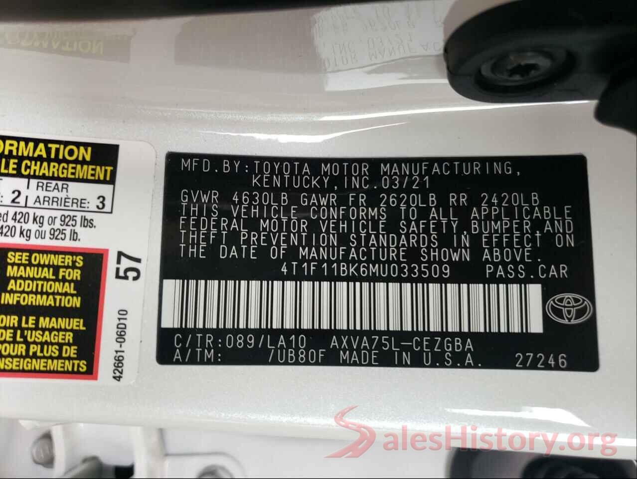 4T1F11BK6MU033509 2021 TOYOTA CAMRY