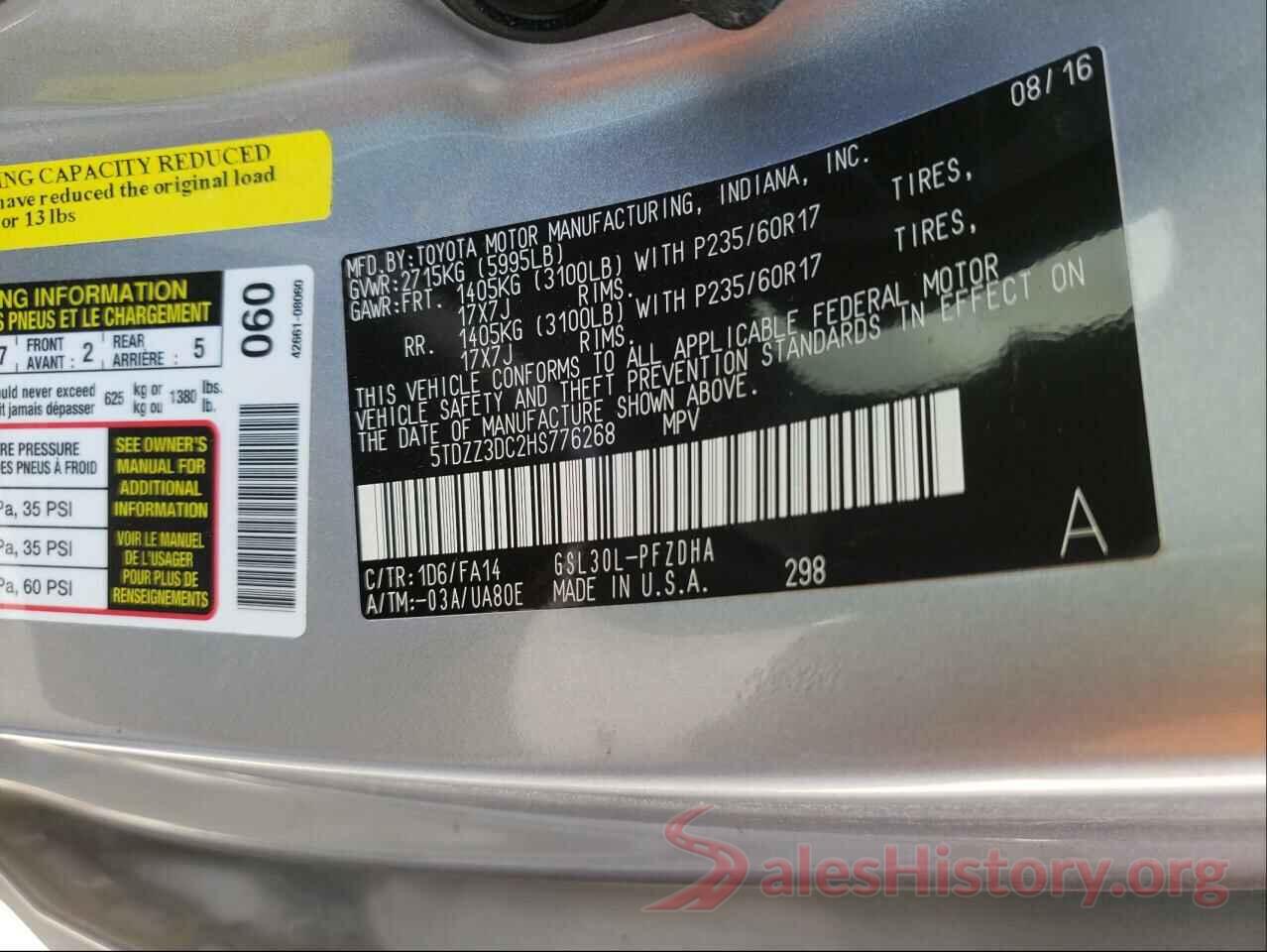 5TDZZ3DC2HS776268 2017 TOYOTA SIENNA