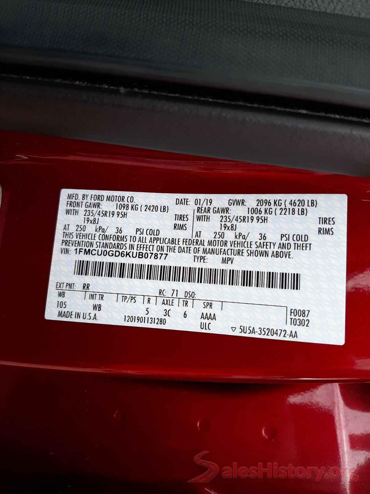 1FMCU0GD6KUB07877 2019 FORD ESCAPE