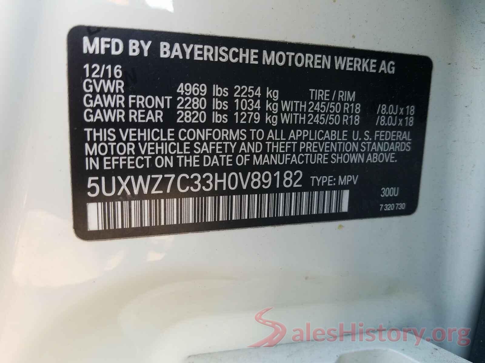 5UXWZ7C33H0V89182 2017 BMW X3