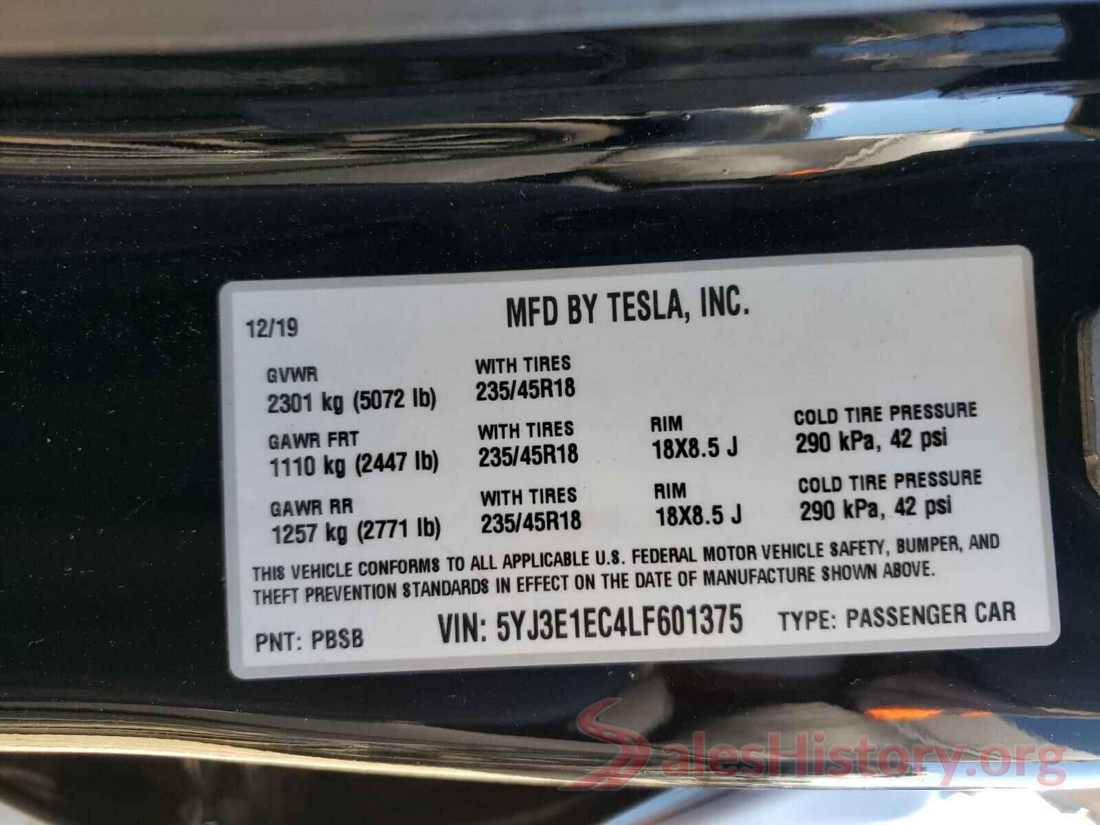 5YJ3E1EC4LF601375 2020 TESLA MODEL 3