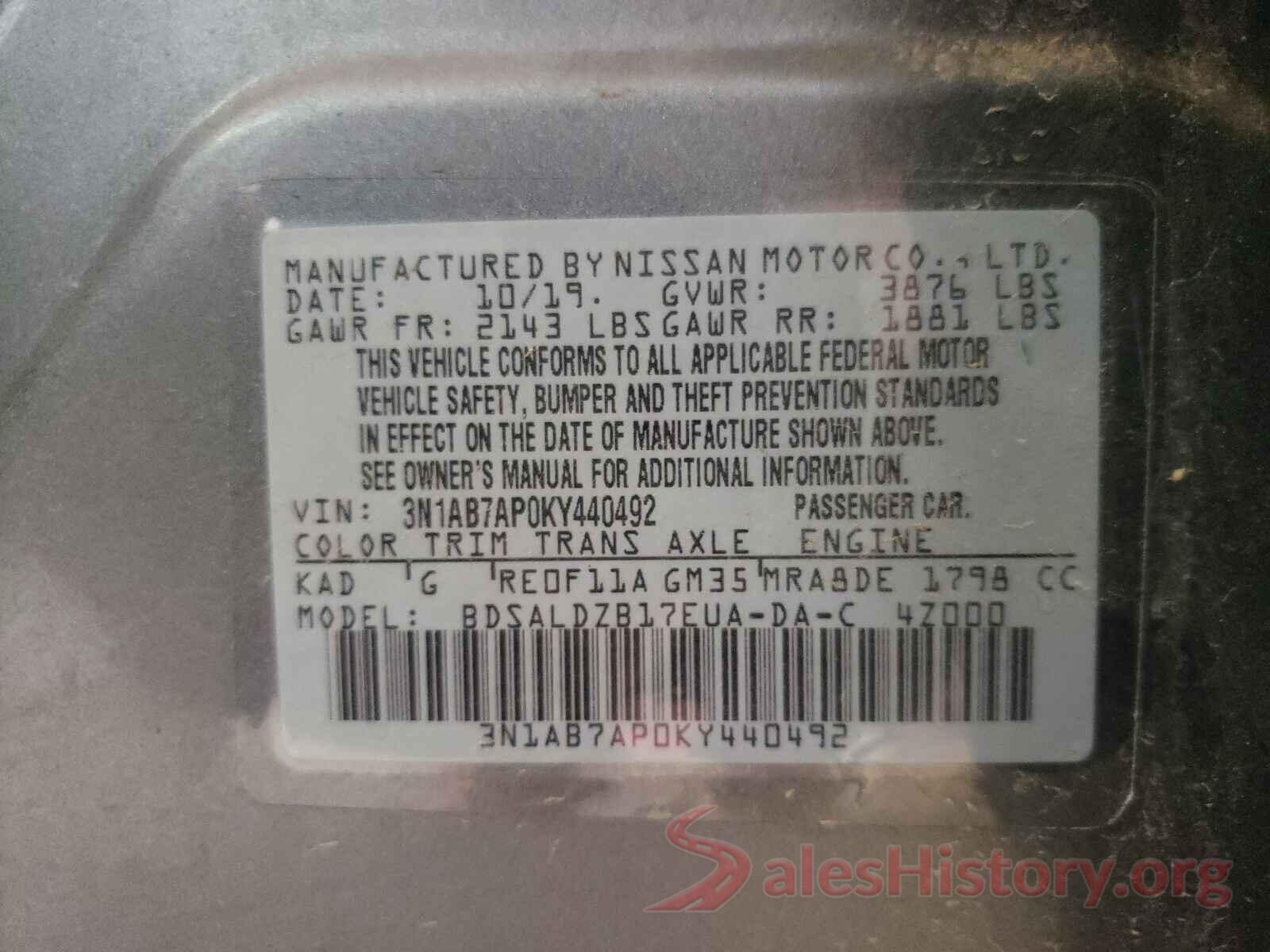 3N1AB7AP0KY440492 2019 NISSAN SENTRA