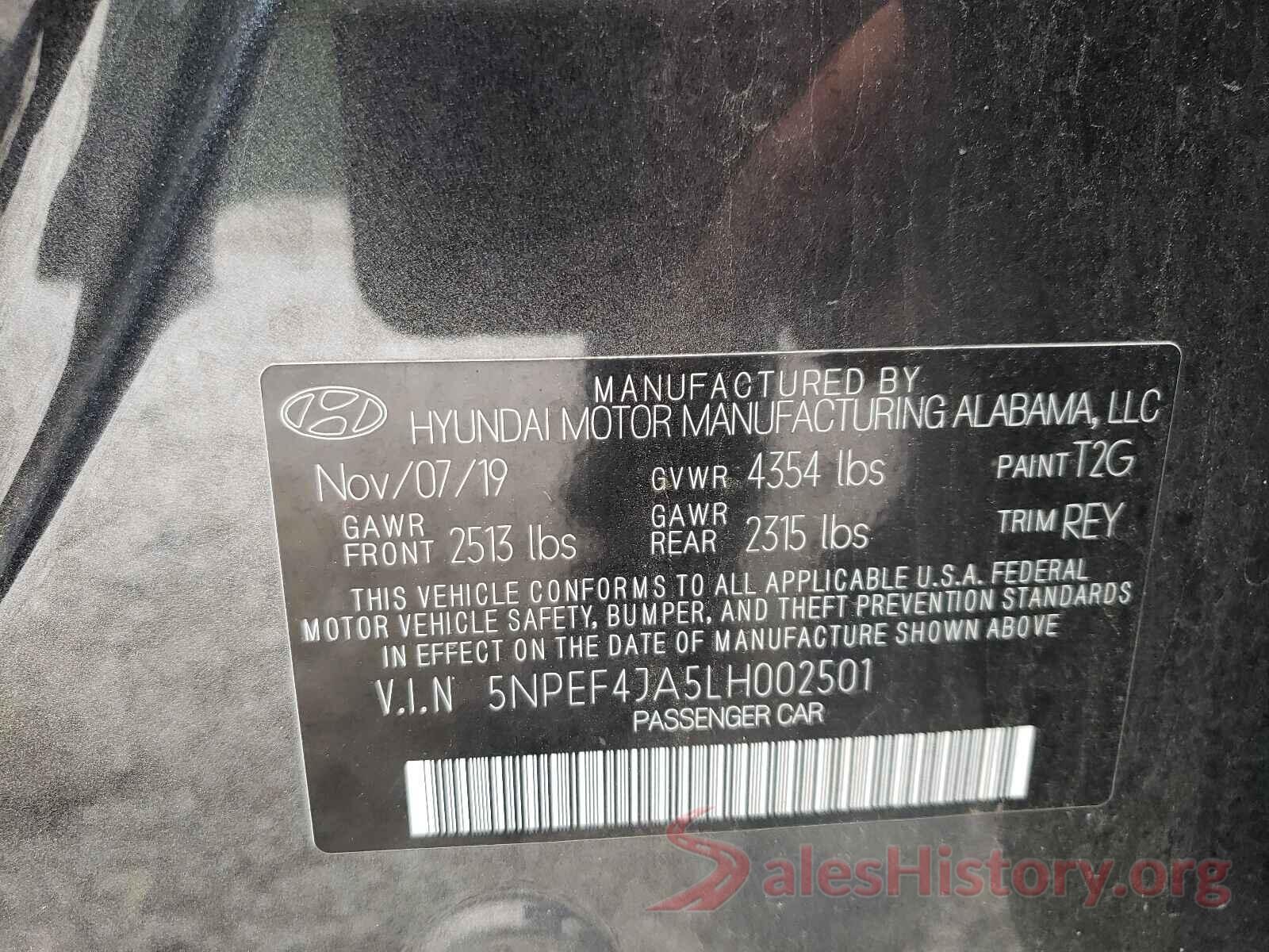 5NPEF4JA5LH002501 2020 HYUNDAI SONATA