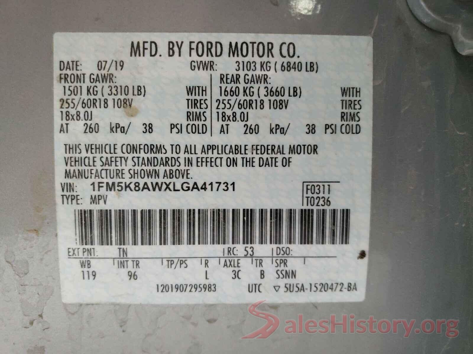 1FM5K8AWXLGA41731 2020 FORD EXPLORER