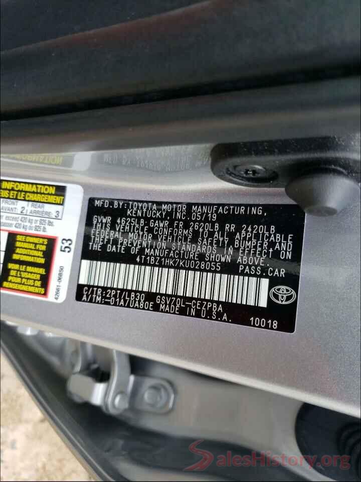 4T1BZ1HK7KU028055 2019 TOYOTA CAMRY