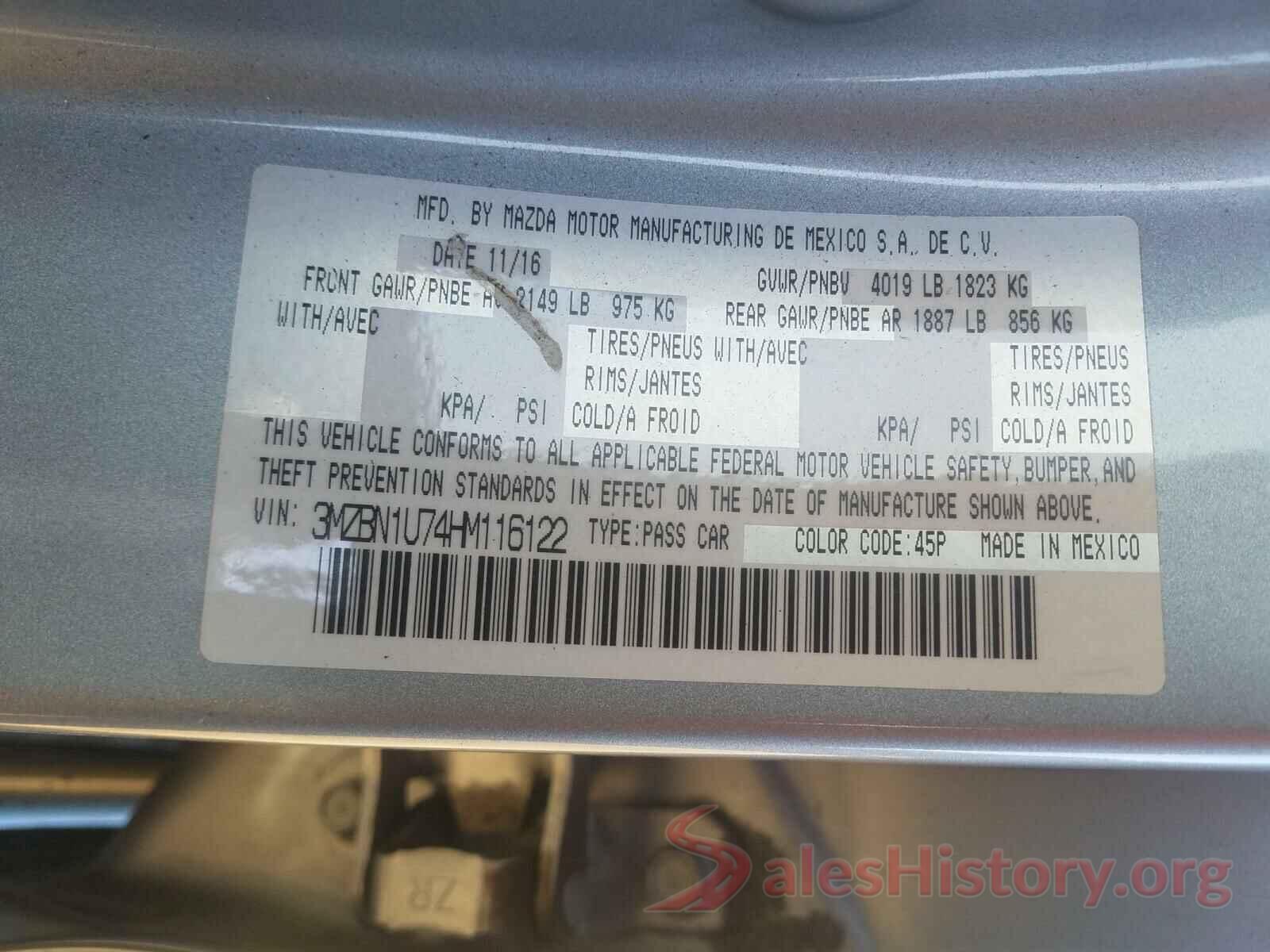 3MZBN1U74HM116122 2017 MAZDA 3