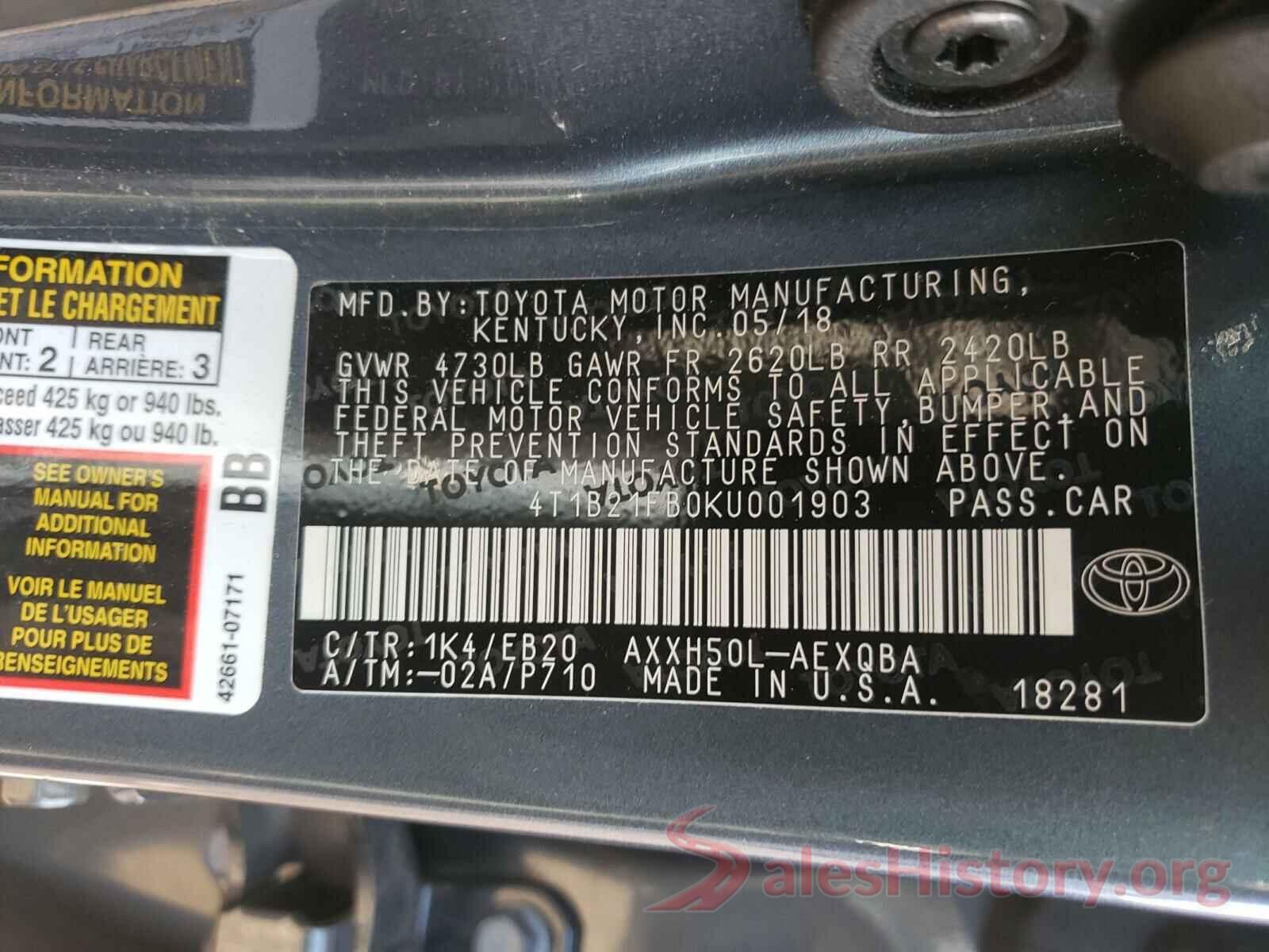 4T1B21FB0KU001903 2019 TOYOTA AVALON