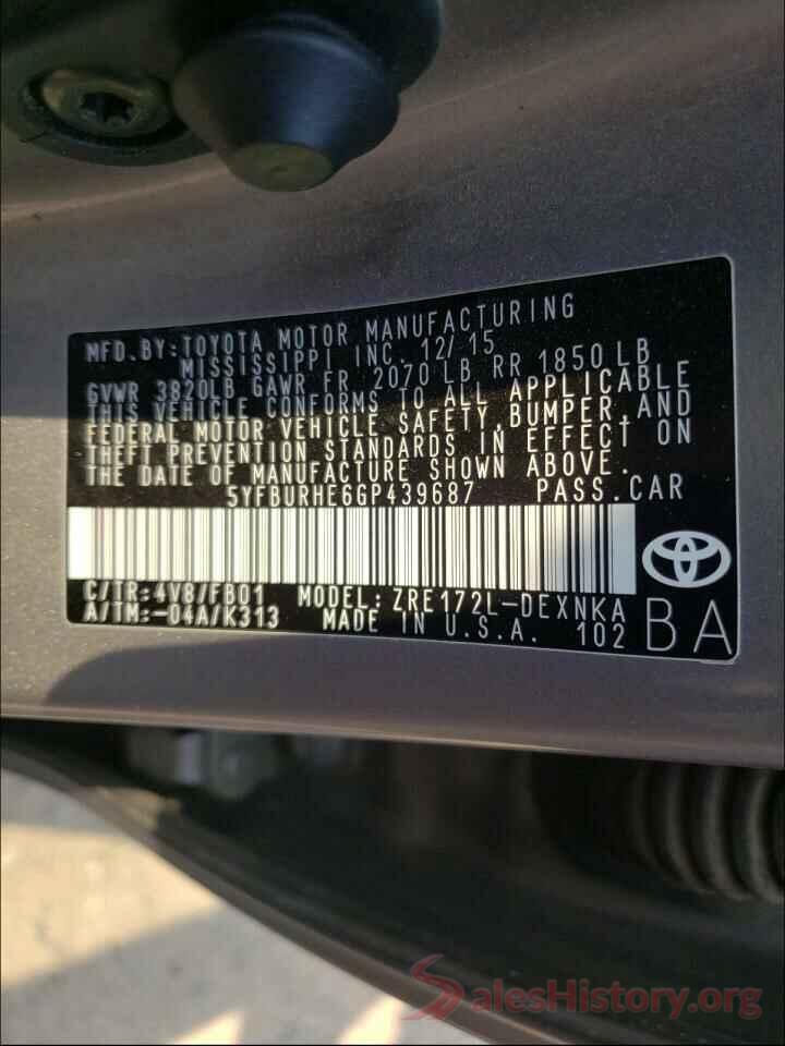 5YFBURHE6GP439687 2016 TOYOTA COROLLA