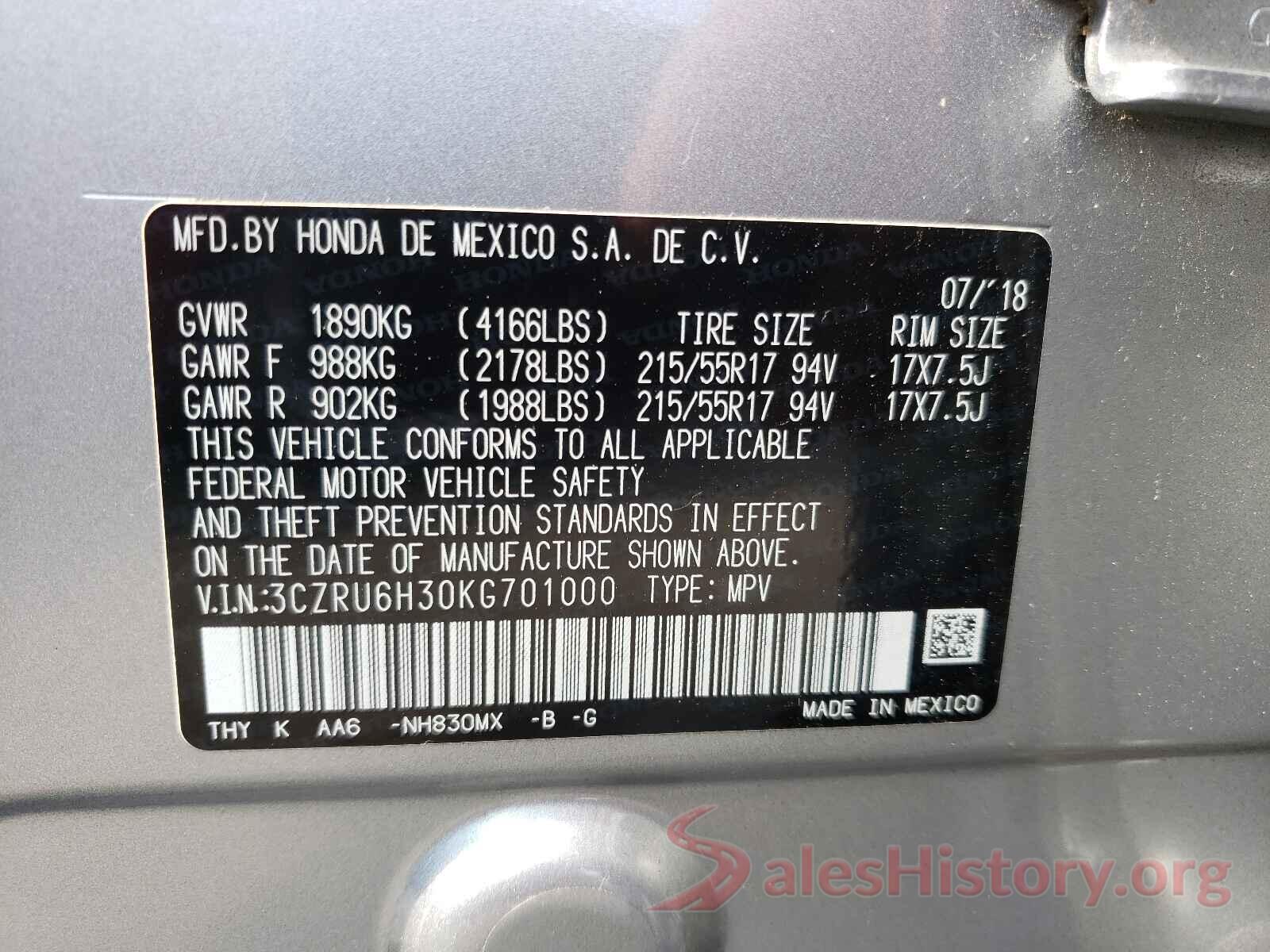 3CZRU6H30KG701000 2019 HONDA HR-V