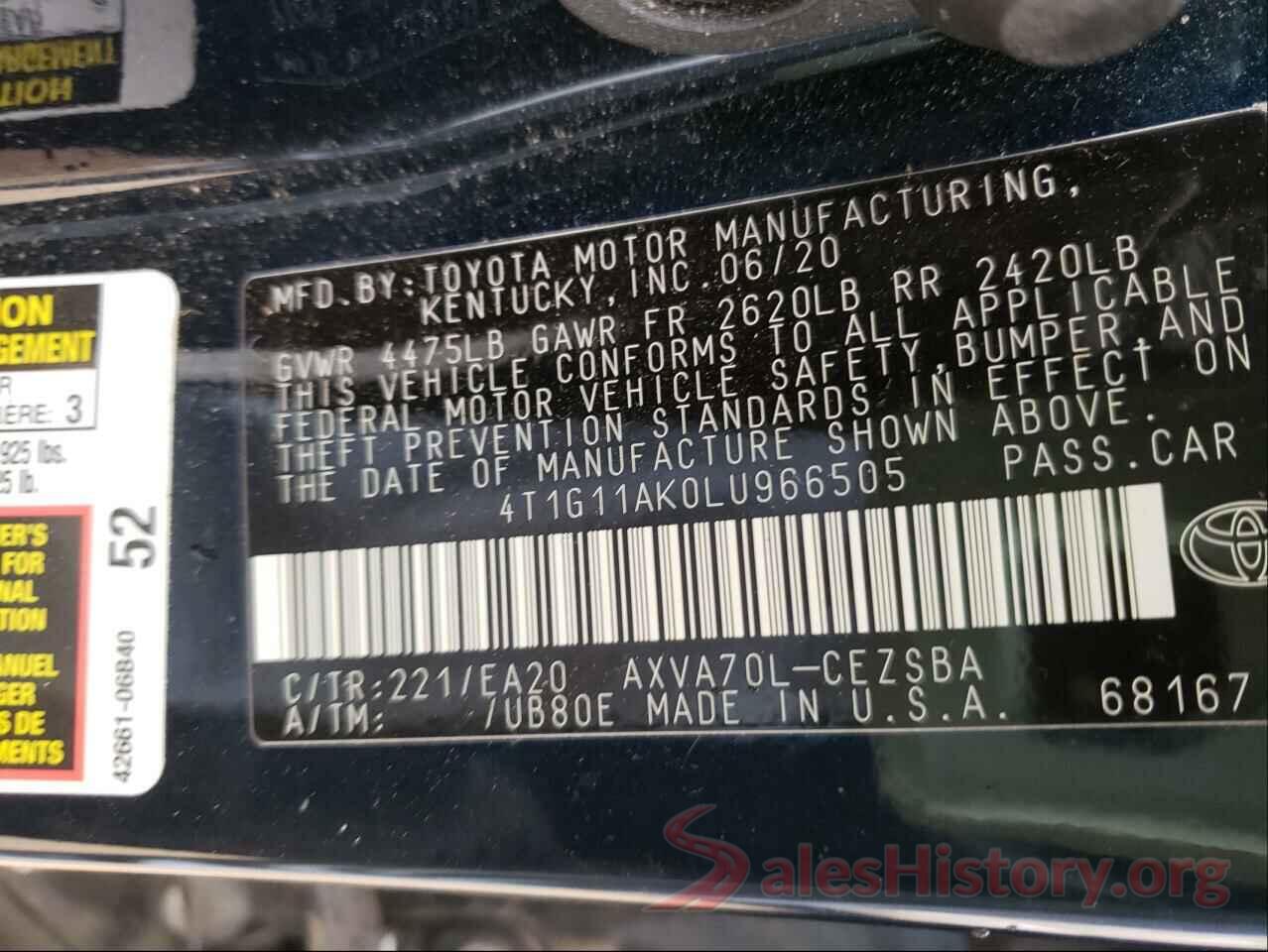 4T1G11AK0LU966505 2020 TOYOTA CAMRY