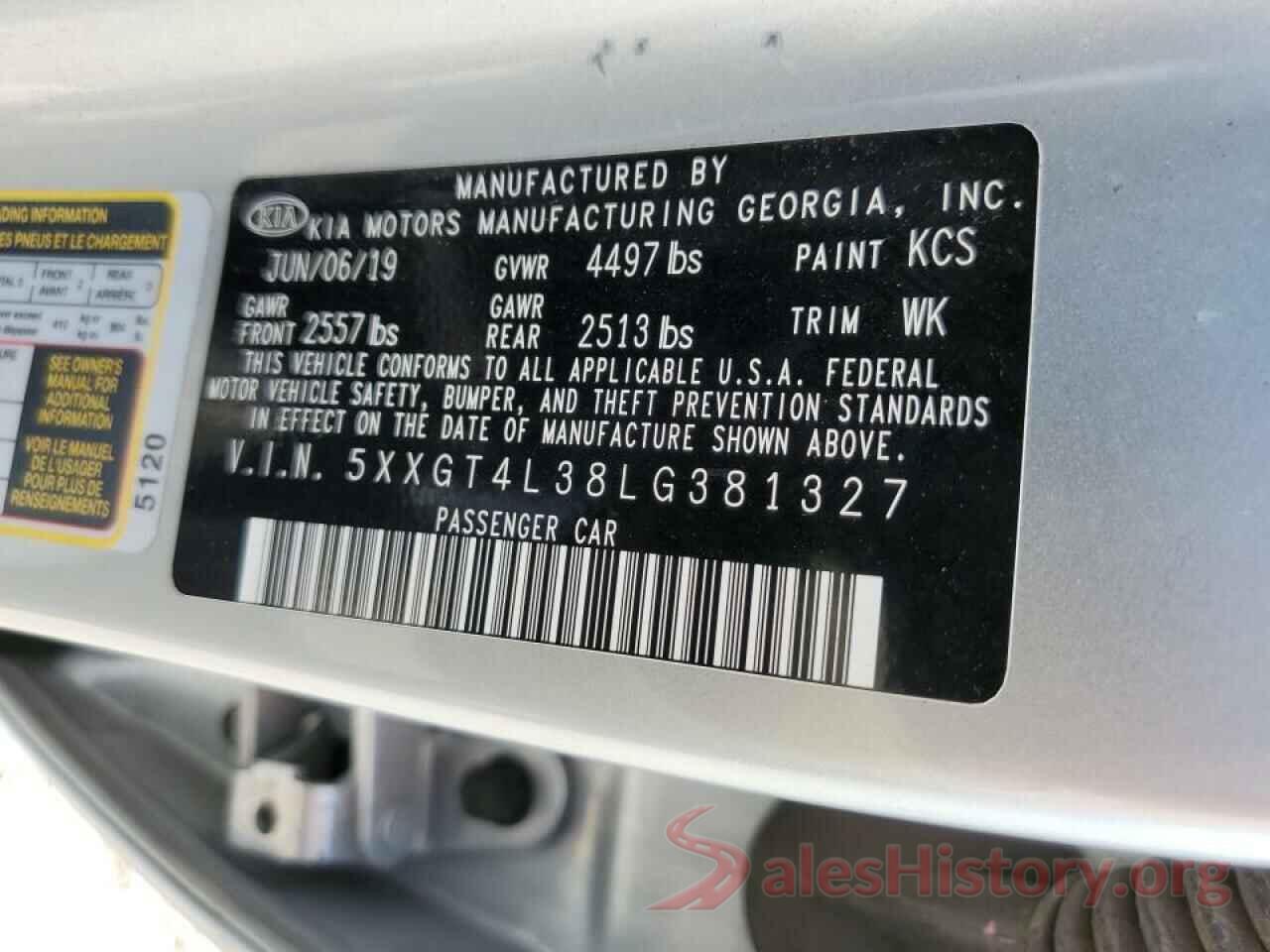 5XXGT4L38LG381327 2020 KIA OPTIMA