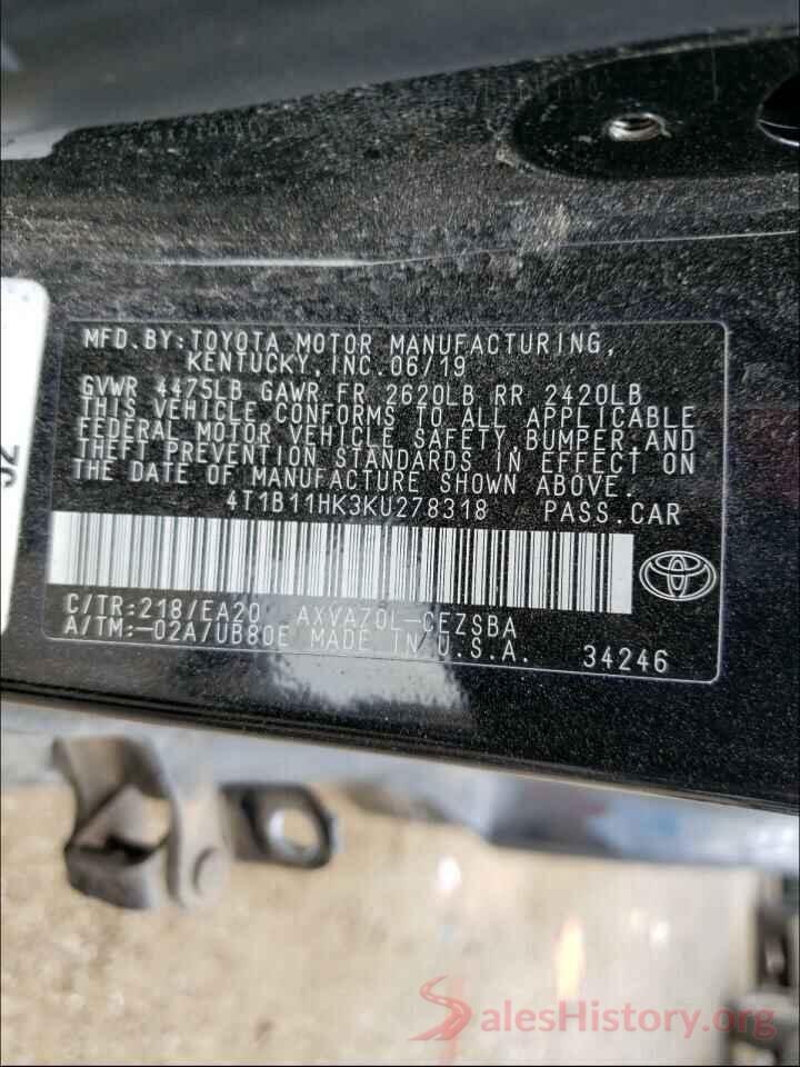 4T1B11HK3KU278318 2019 TOYOTA CAMRY