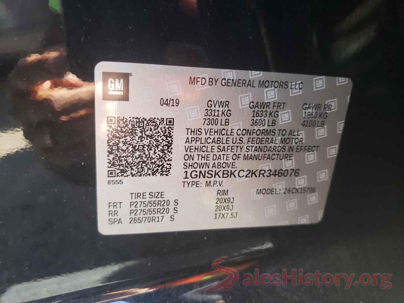 1GNSKBKC2KR346076 2019 CHEVROLET TAHOE