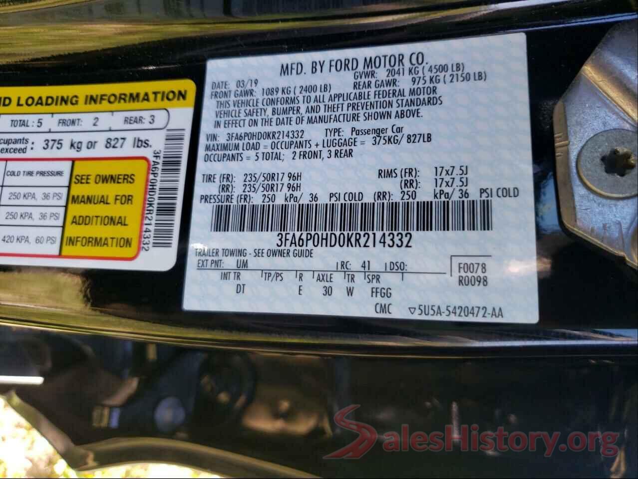 3FA6P0HD0KR214332 2019 FORD FUSION