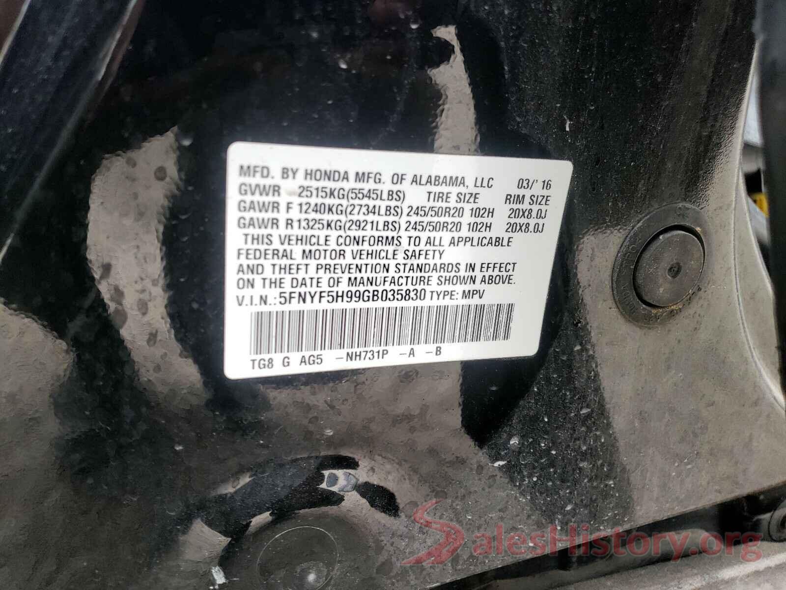 5FNYF5H99GB035830 2016 HONDA PILOT