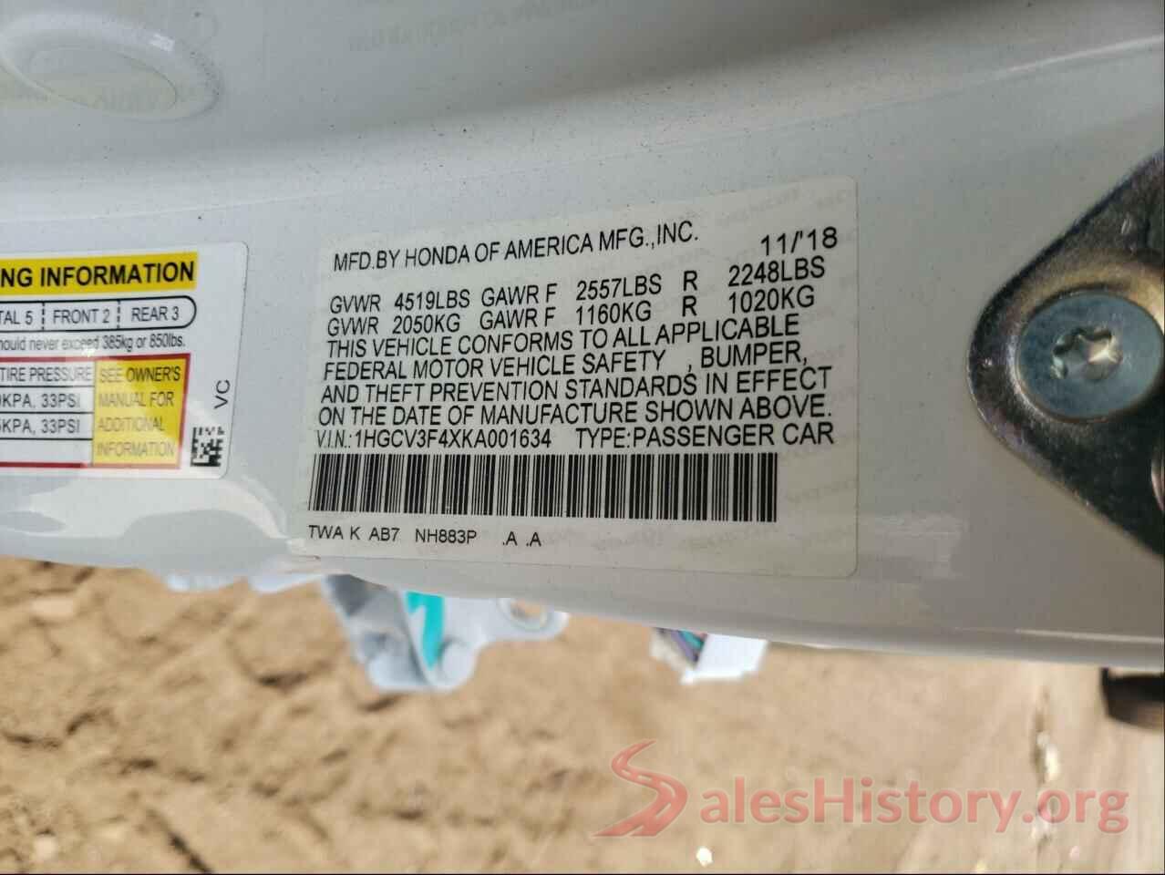 1HGCV3F4XKA001634 2019 HONDA ACCORD