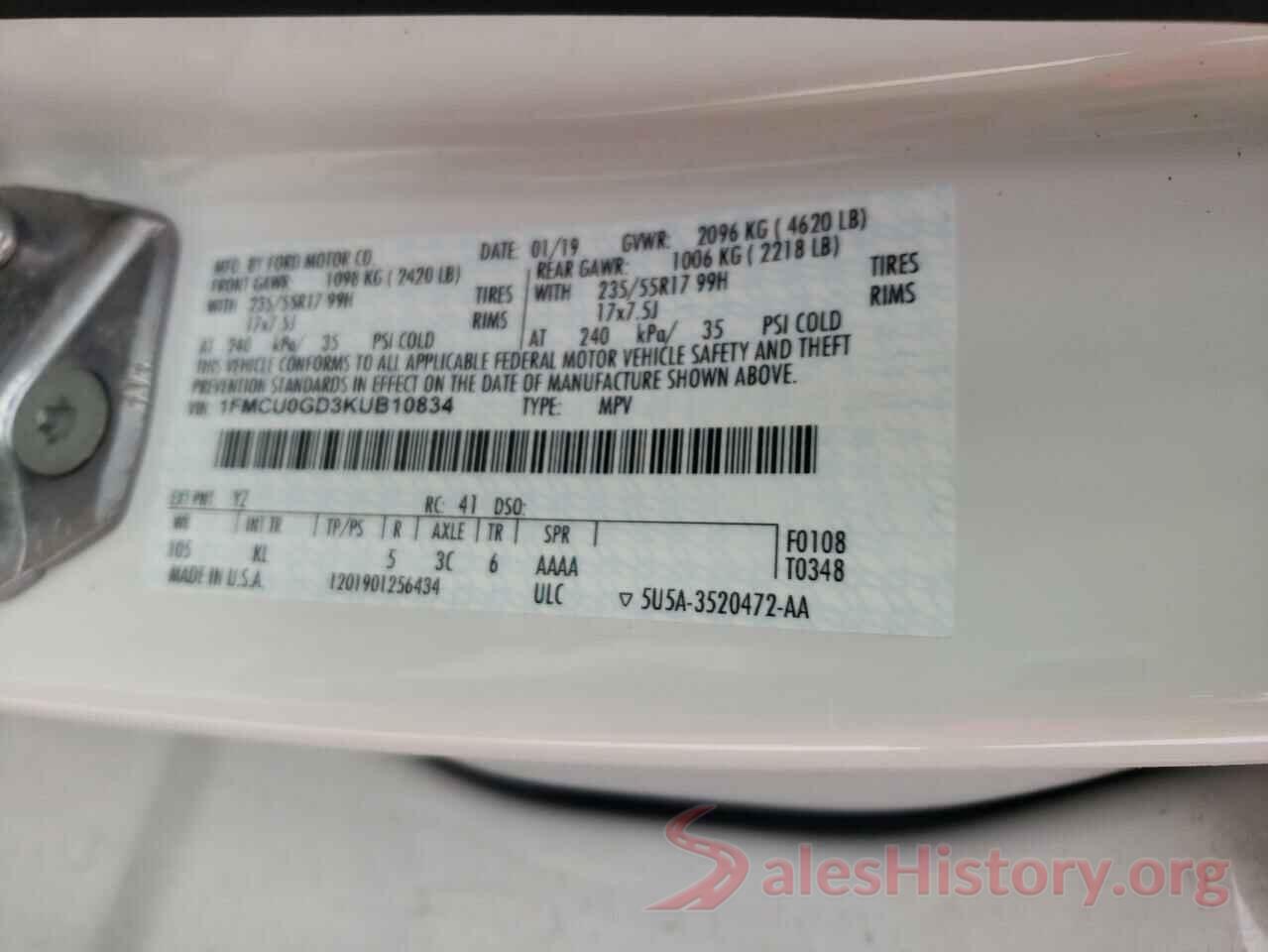 1FMCU0GD3KUB10834 2019 FORD ESCAPE