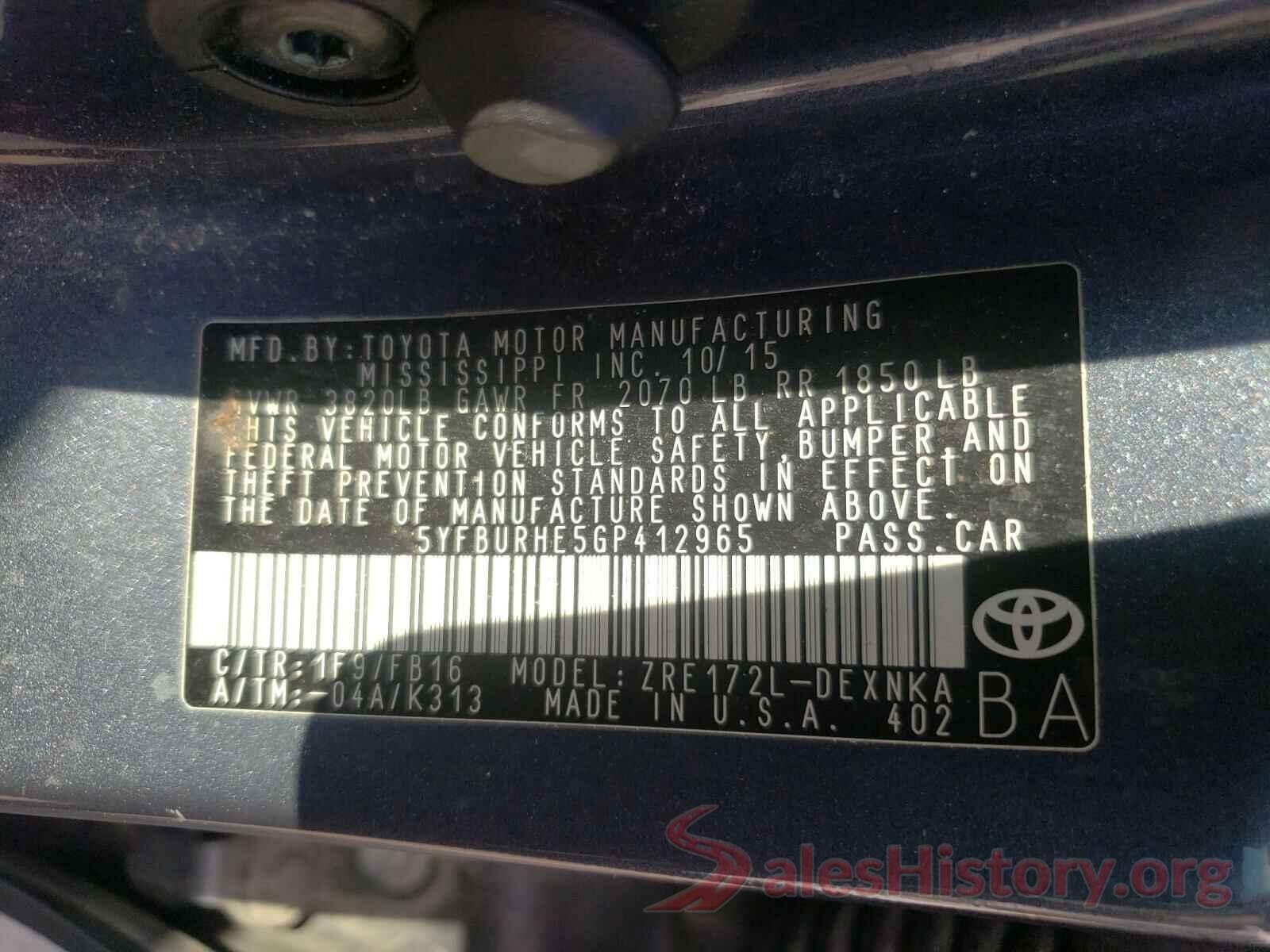 5YFBURHE5GP412965 2016 TOYOTA COROLLA