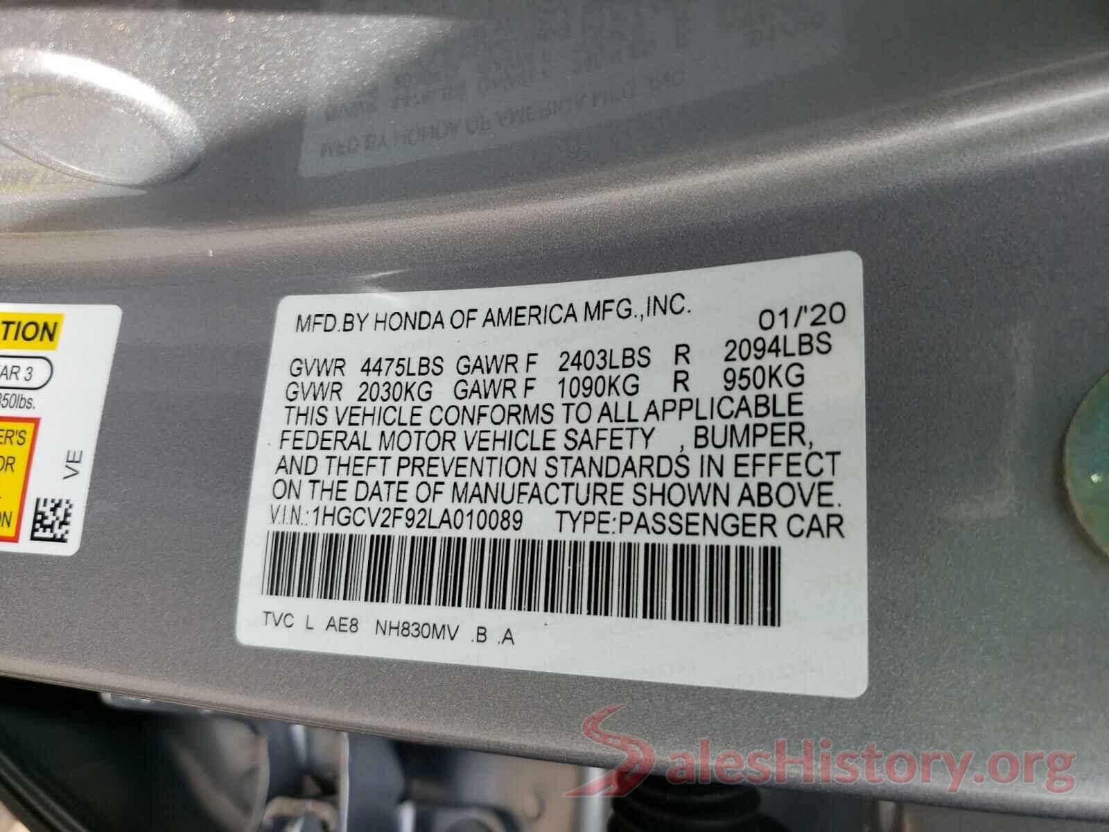 1HGCV2F92LA010089 2020 HONDA ACCORD