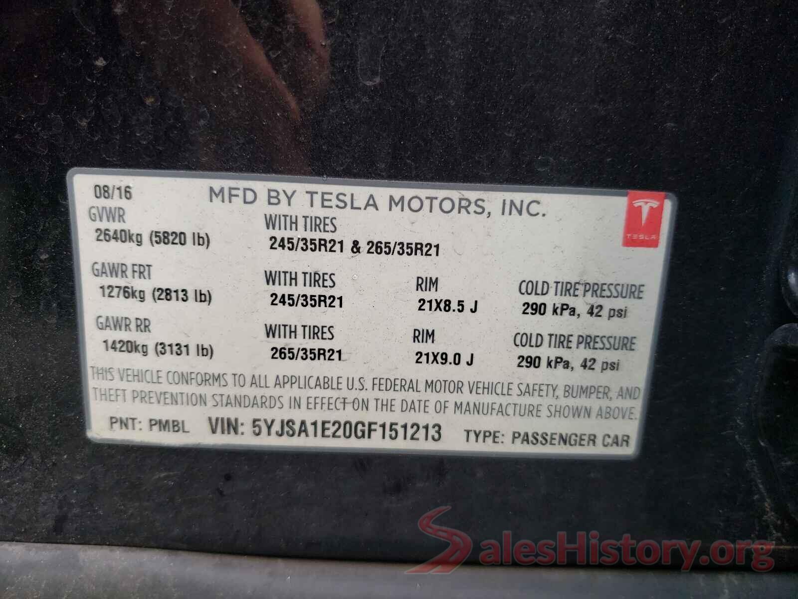 5YJSA1E20GF151213 2016 TESLA MODEL S