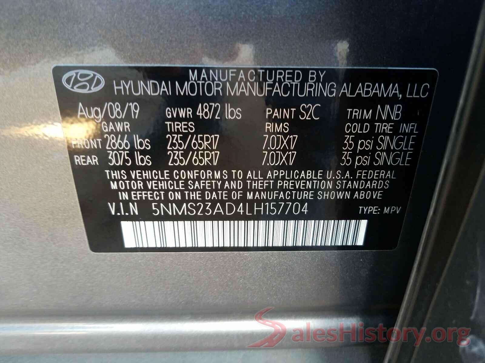 5NMS23AD4LH157704 2020 HYUNDAI SANTA FE