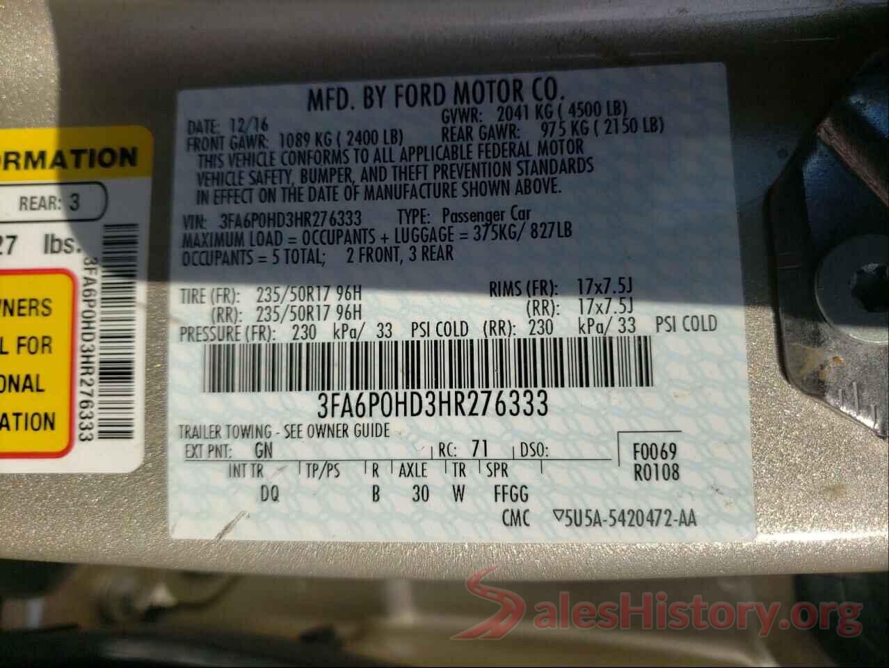 3FA6P0HD3HR276333 2017 FORD FUSION