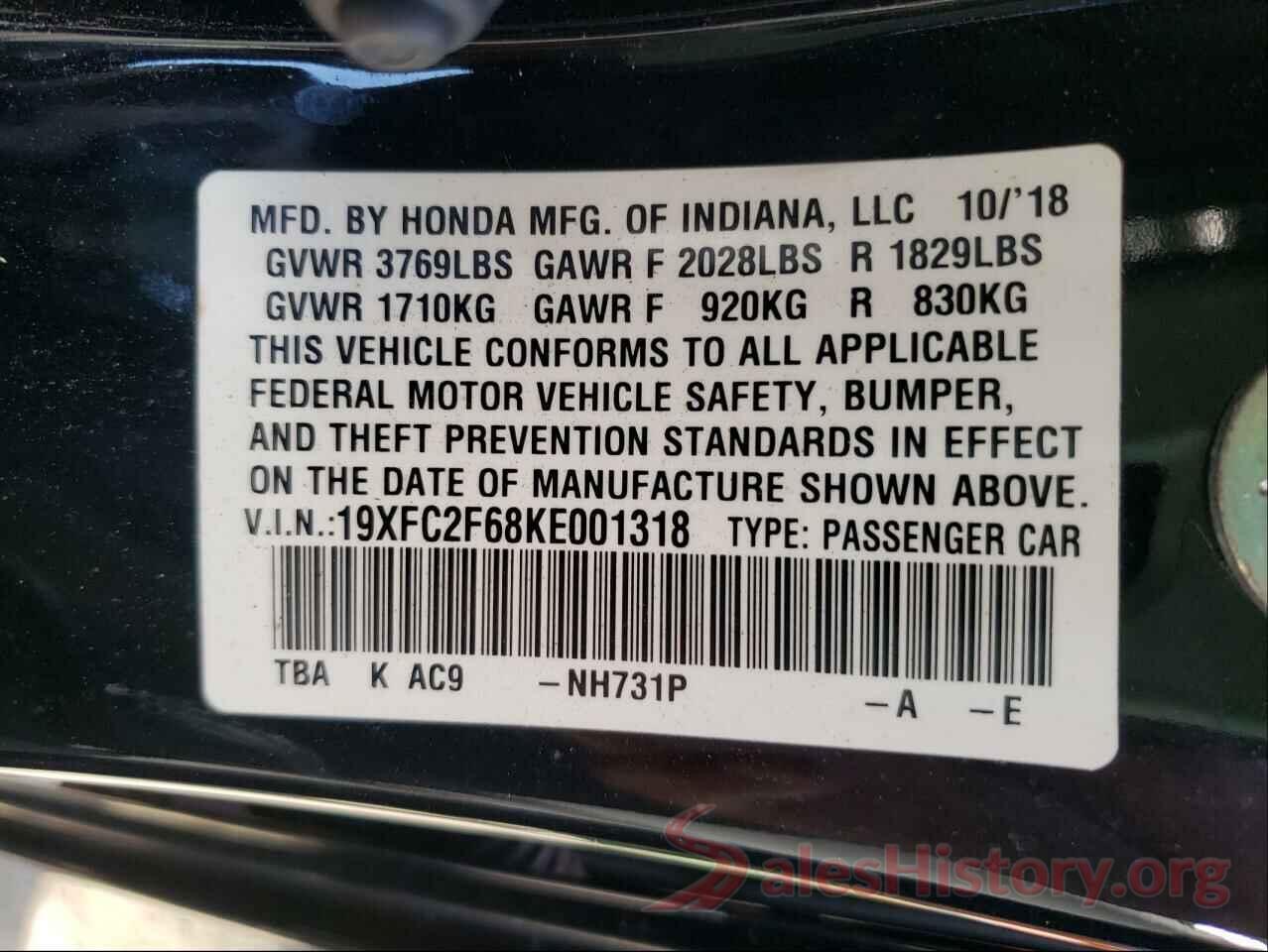 19XFC2F68KE001318 2019 HONDA CIVIC