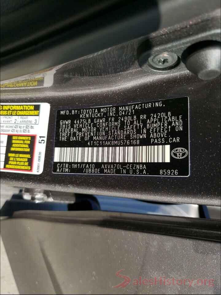 4T1C11AK8MU576168 2021 TOYOTA CAMRY