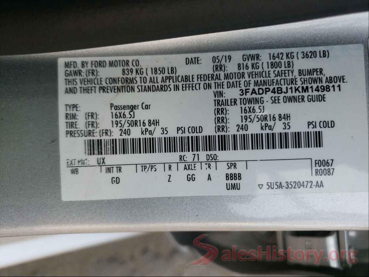 3FADP4BJ1KM149811 2019 FORD FIESTA