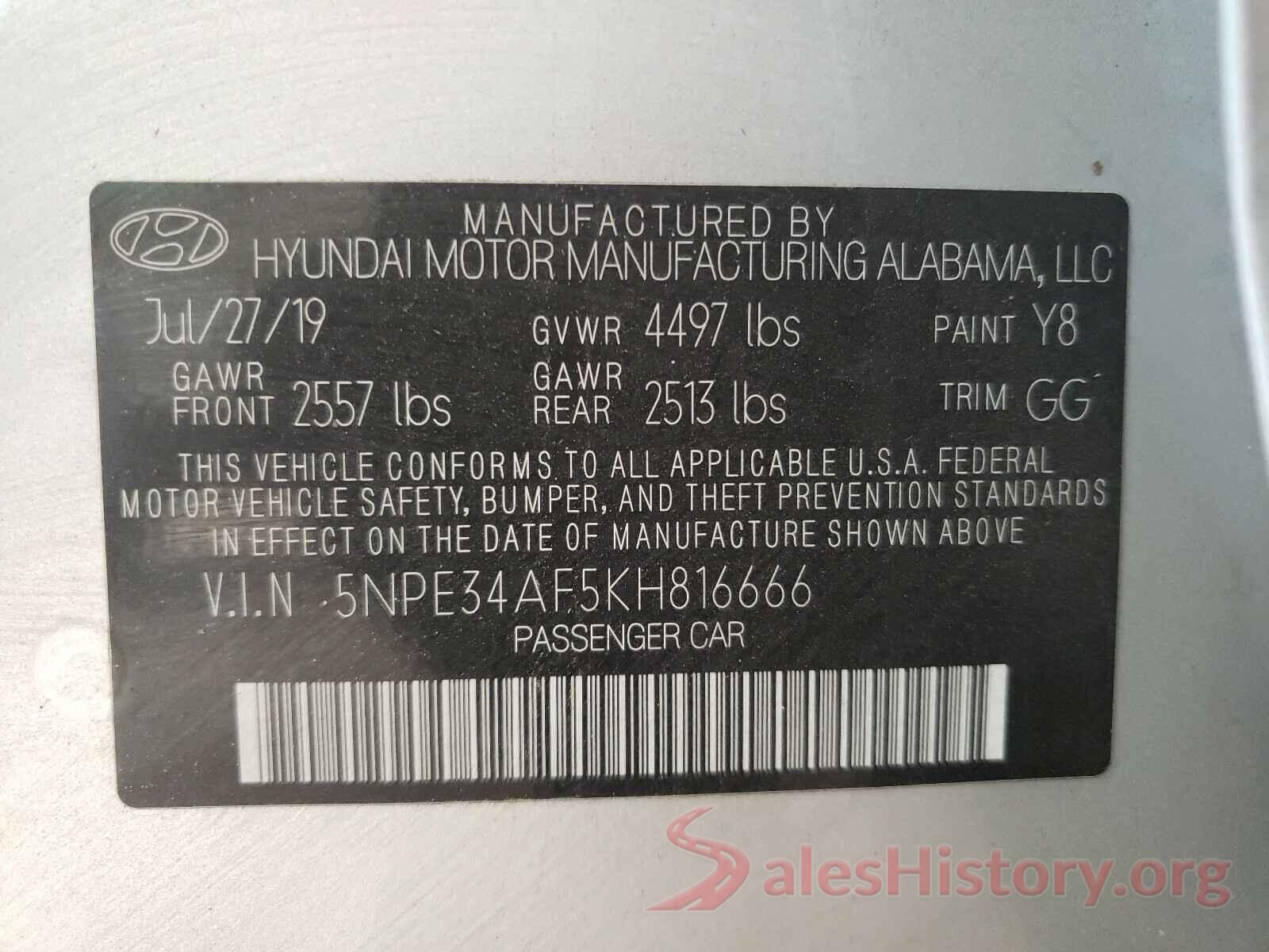 5NPE34AF5KH816666 2019 HYUNDAI SONATA