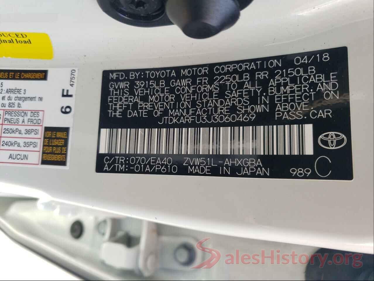 JTDKARFU3J3060469 2018 TOYOTA PRIUS