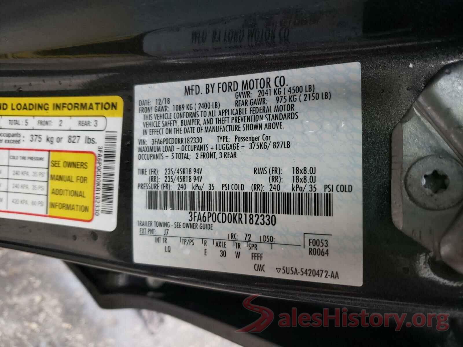 3FA6P0CD0KR182330 2019 FORD FUSION