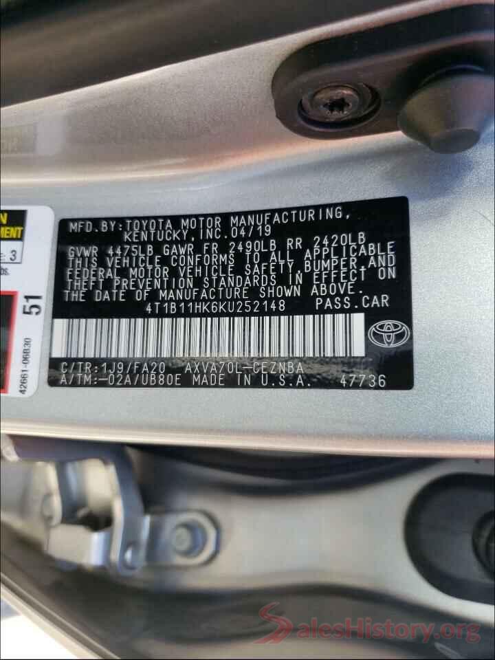 4T1B11HK6KU252148 2019 TOYOTA CAMRY