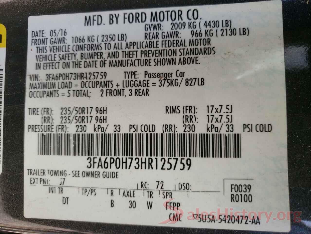 3FA6P0H73HR125759 2017 FORD FUSION