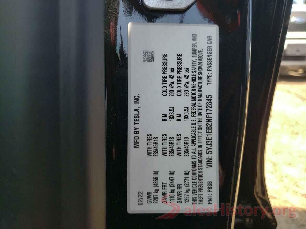 5YJ3E1EB2NF172845 2022 TESLA MODEL 3