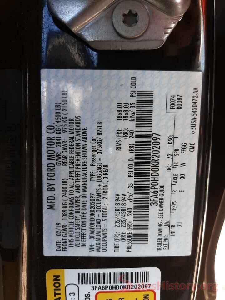 3FA6P0HD0KR202097 2019 FORD FUSION