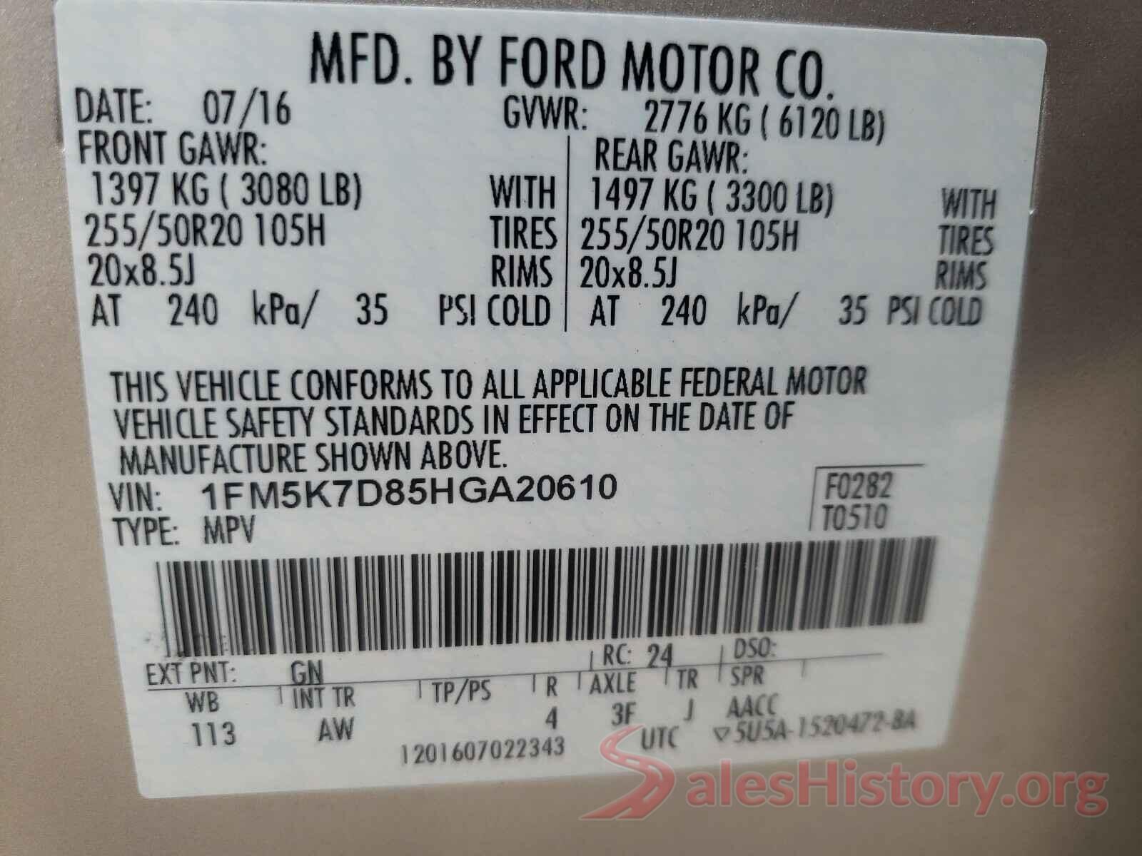 1FM5K7D85HGA20610 2017 FORD EXPLORER