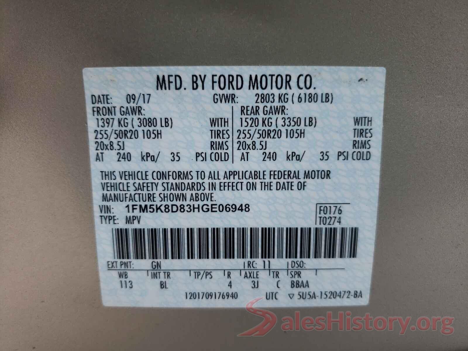 1FM5K8D83HGE06948 2017 FORD EXPLORER